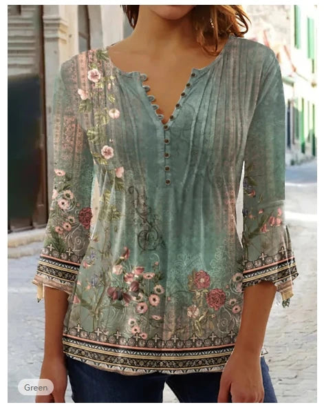 Women's Shirt Blouse Light Blue White Pink Floral Button Print 3/4 Length Sleeve Casual Holiday Basic Round Neck Regular Floral.