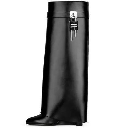 2025 Autumn Winter Lock Boots Women Designer Knee Boots Women Brand High Heel Knight Boots Fold Fashion Gothic Wedge Long Boot.