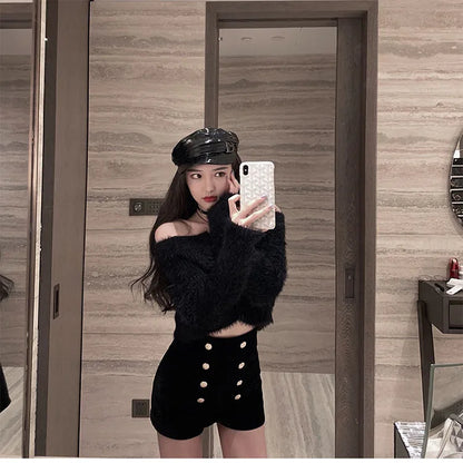 Autumn Winter High Waist Velvet Wide Leg Shorts Women Chic Double Breasted Short Pants Fashion Sexy Bottoms Casual Ropa Mujer