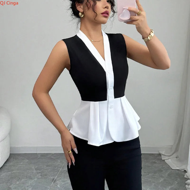 New Fall Women's Sleeveless Shirt, Black and White Block-Colored V-Neck Shirts, Asian Sizes S-XL..