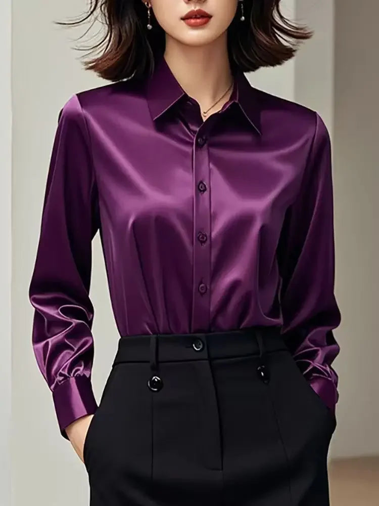 High Quality Silkly Satin Women's Shirt Office Ladies Long Sleeve Blouses Polo Neck Gold shirt Button Luxury Casual women tops