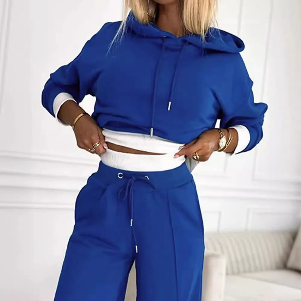 2024 Spring Autumn New Loose Sports Suit Women Long Sleeve Hooded Sweatshirt Drawstring High Waist Pocket Wide Leg Pants Suit.