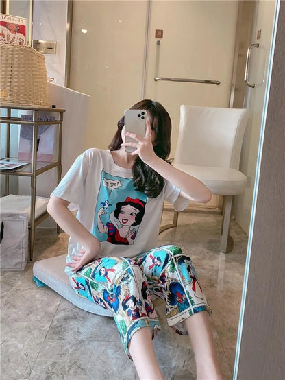 Sommer Pooh Bär Nachtwäsche frauen Lose Bequeme Cartoon Print Hause Kleidung Set Kurzarm Nachthemd Mickey Pyjama Set