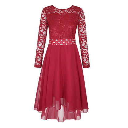 Elegantes Spitzen-Partykleid für Kinder, Mädchen, Chiffon, Spleißen, langärmelig, Kleid mit hohem und niedrigem Saum und Strass-Schärpe für Hochzeit, Geburtstag