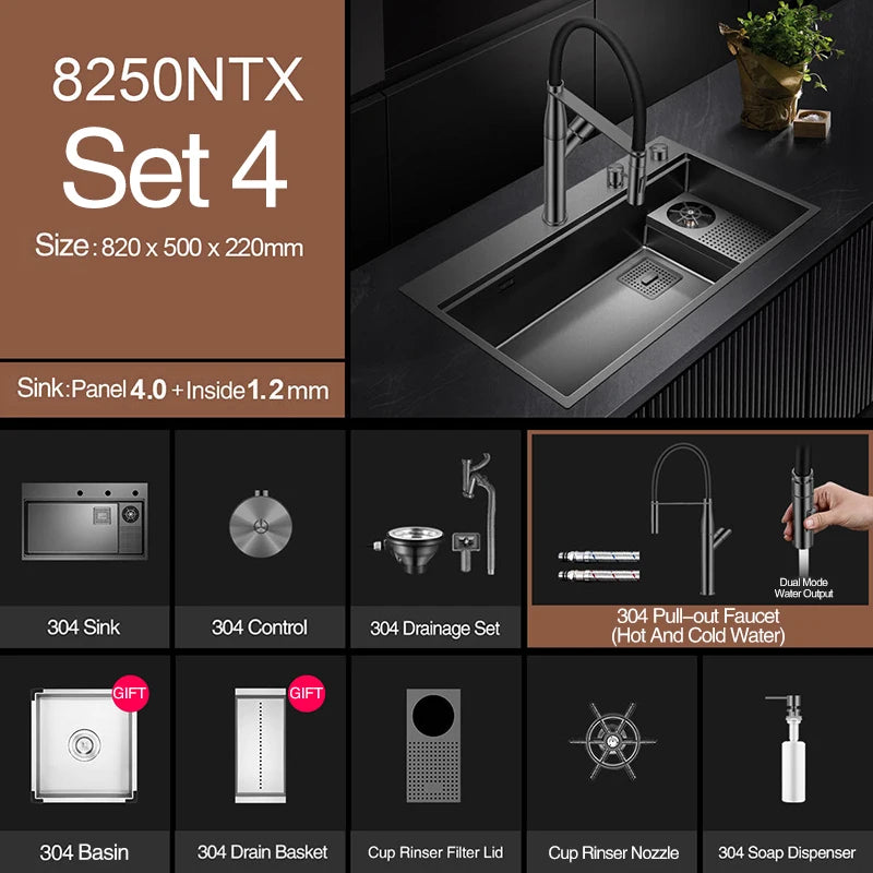 ASRAS New Waterfall Faucet Kitchen Sinks Nanometer Large Size 4mm Panel Handmade Sinks Cup Rinser Kitchen Sinks