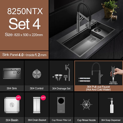 ASRAS New Waterfall Faucet Kitchen Sinks Nanometer Large Size 4mm Panel Handmade Sinks Cup Rinser Kitchen Sinks