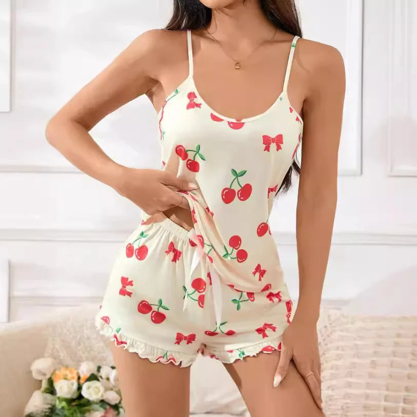 Sommer Neue frauen Pyjama Set Atmungsaktive Weiche Casual Print Cami Top und Rüschen Shorts Sweet Home Strap Shorts Pyjamas ﻿.