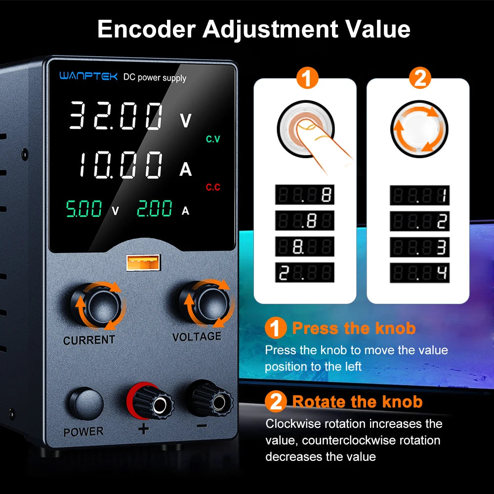 Wanptek Laboratory Power Supply 30V 5A 30V 10A 60V 5A 120V 3A  Adjustable with USB Output Display Lab Bench DC Power Supply.