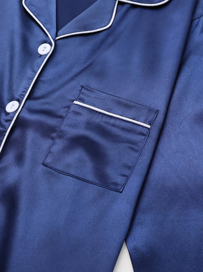 Solides Pyjama-Set mit langen Ärmeln, Knopfleiste, Revers, Oberteil und Hose, Pyjama-Set, Damen-Nachtwäsche und Loungewear