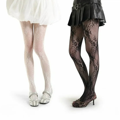 Classic Lolita Hollowed Out Lace Mesh Stockings Bottomed Pantyhose Japanese Lolita Retro Floral Rattan White Hosiery Hot Tights