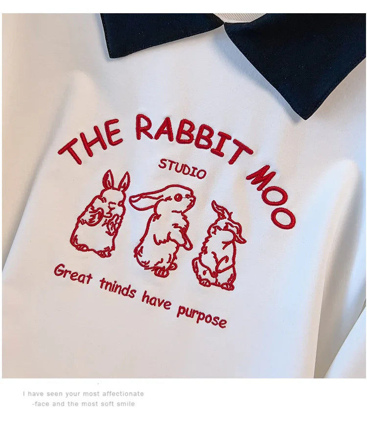 175kg plus size Damen büste Frühling Herbst loser Polo kragen Kaninchen besticktes Sweatshirt schwarz weiß 5xl 6xl 7xl 8xl 9xl.