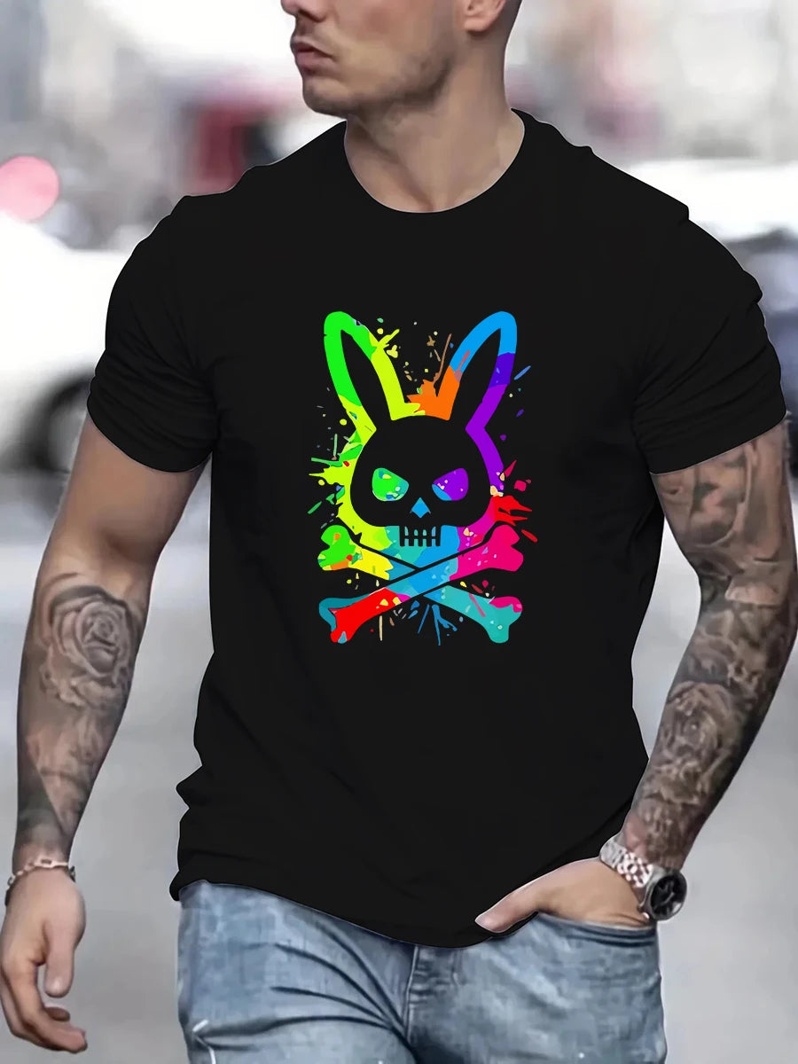 Men's summer 100% pure cotton fashionable casual loose color skull and rabbit print sports round neck short sleeved T-shirt top.