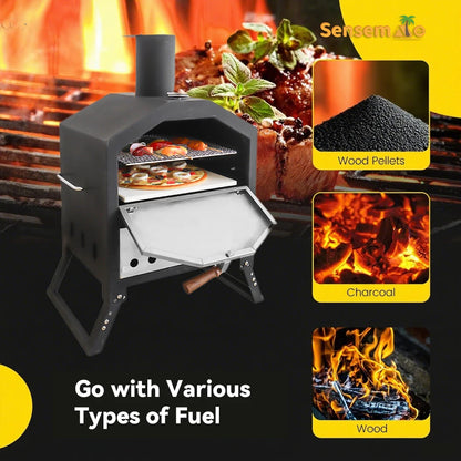 Tragbarer, holzgefeuerter Pizzaofen für den Außenbereich mit 12-Zoll-Stein und Thermometer, klappbare Beine, Camping-Grillmaschine aus Edelstahl für den Hinterhof