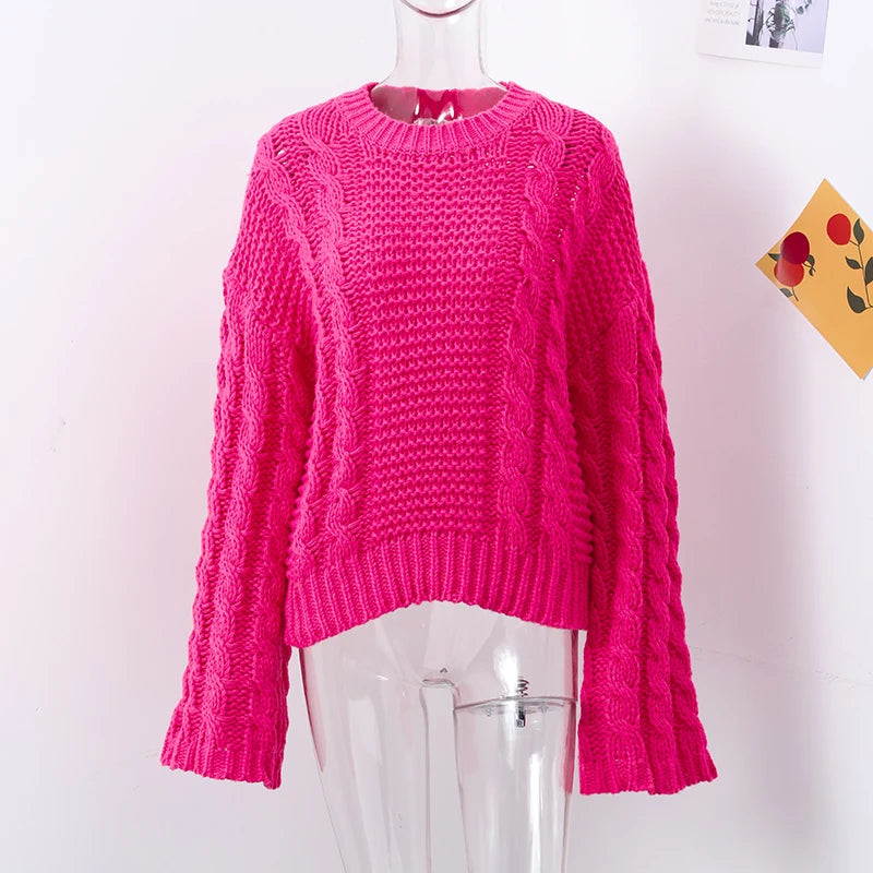 Casual Twists Stricken Oversize-Pullover Frauen Oansatz Lange Flare Hülse Lose Solide Pullover 2025, Herbst Winter Vintage Pullover.