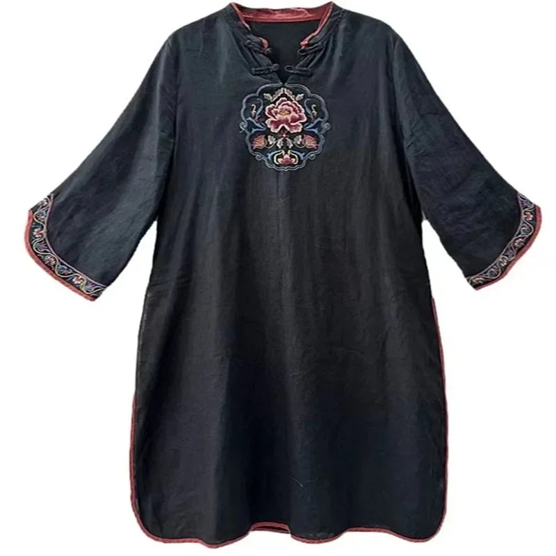 Damen-Bluse im Vintage-Stil aus Baumwolle und Leinen, mittellang, siebte Ärmel, Stickerei, ethnischer Rock mit lockerer Passform, chinesischer Stil.