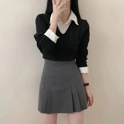 Mode Winter Gestrickte Pullover Frauen Casual V-ausschnitt Pullover Alle-spiel Weibliche Kleidung Lose Gefälschte Zwei Artikel Kurze Tops Jumper.