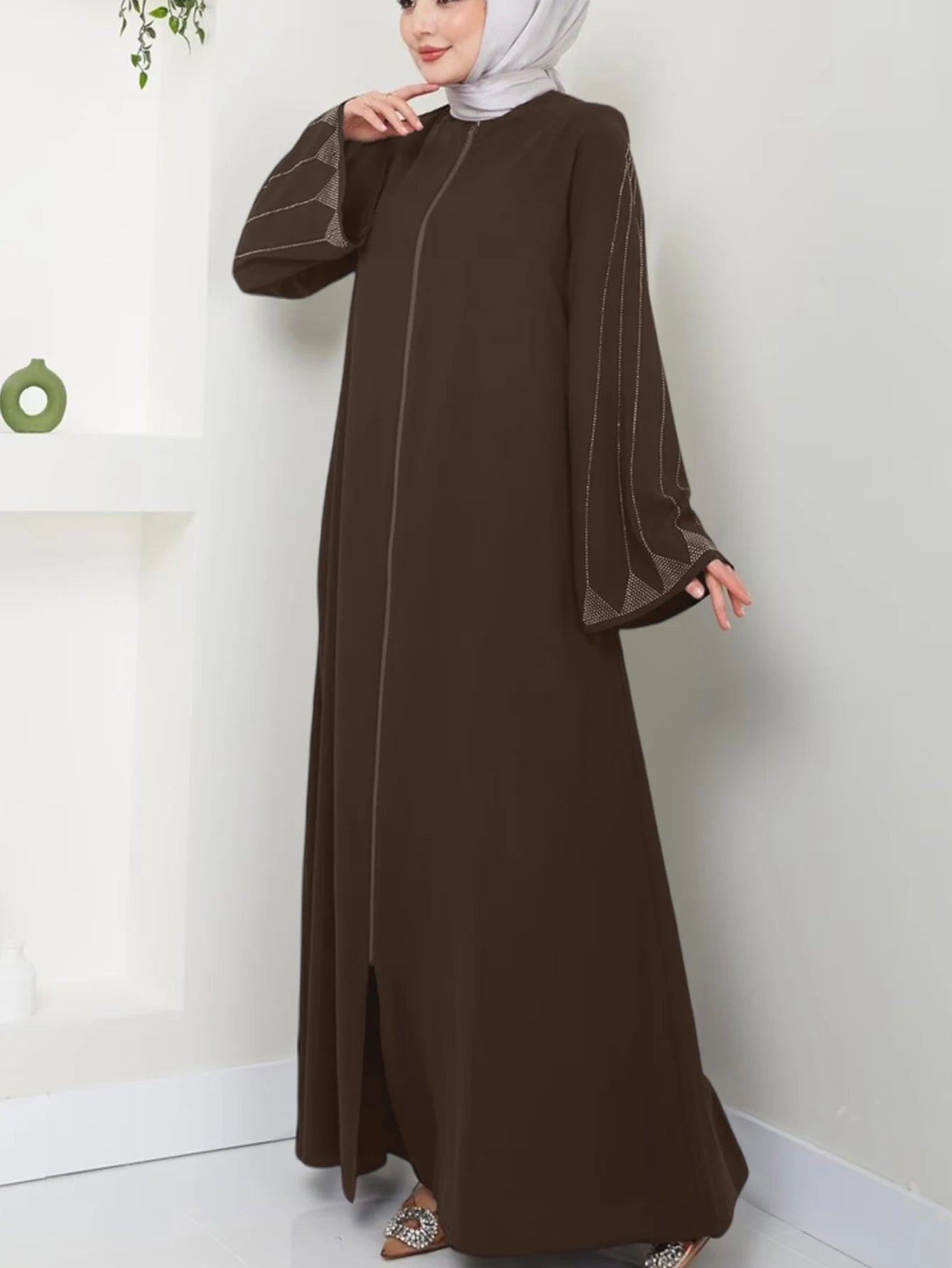 Muslim Fashion Women's Hot Diamond Long Sleeve Loose Coffee Style Elegant Dress.