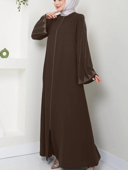 Muslim Fashion Women's Hot Diamond Long Sleeve Loose Coffee Style Elegant Dress.