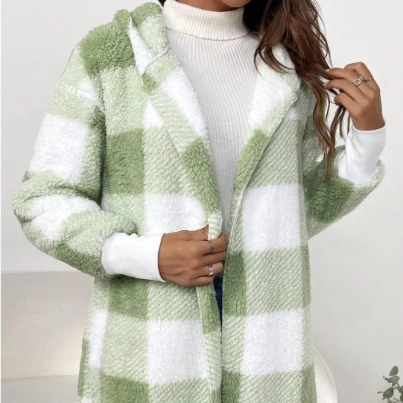 Frauen Herbst Winter Doppel Fleece Plaid Strickjacke Weiche Lose Lange Hülse Plüsch Warme Mit Kapuze Jacke Weibliche Patchwork Oberbekleidung Mantel.