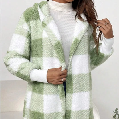 Frauen Herbst Winter Doppel Fleece Plaid Strickjacke Weiche Lose Lange Hülse Plüsch Warme Mit Kapuze Jacke Weibliche Patchwork Oberbekleidung Mantel.