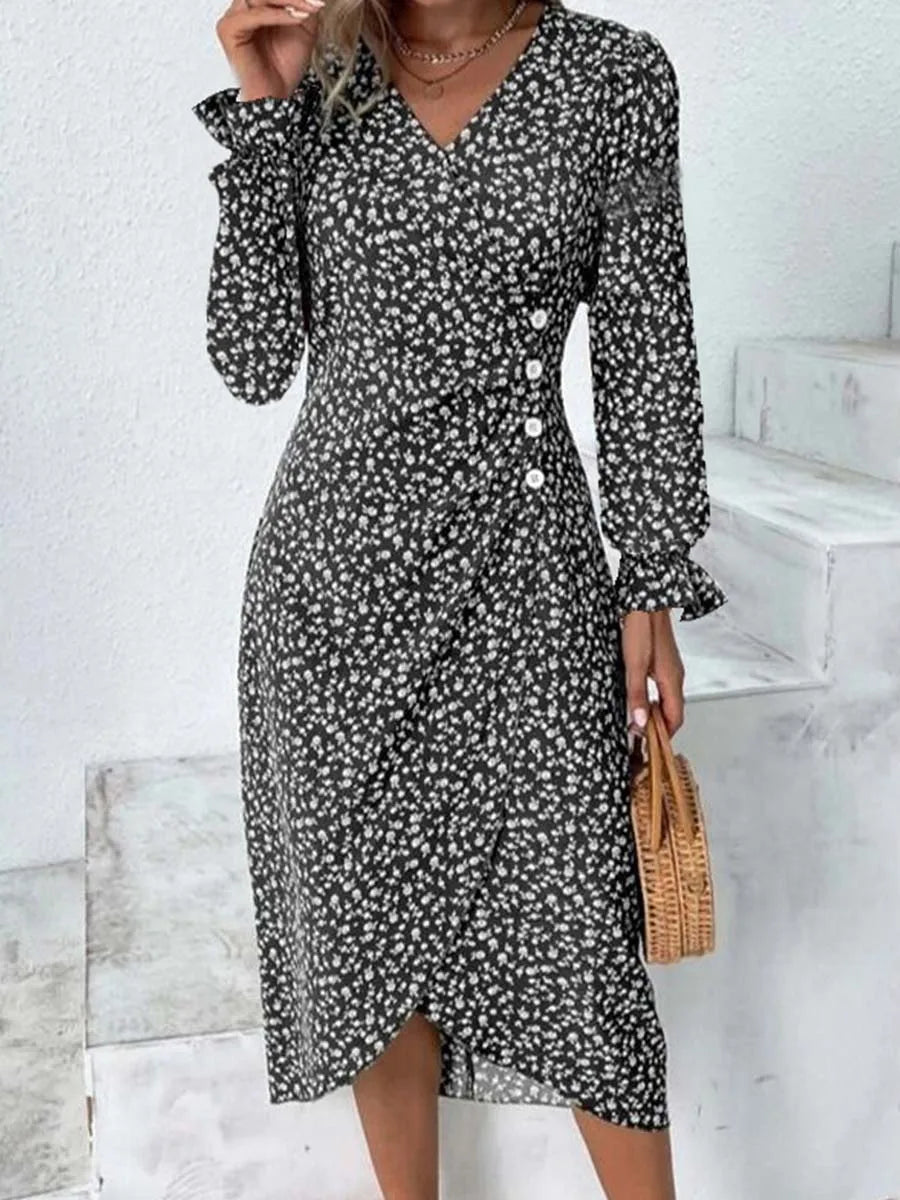 Frühling Floral Bodycon Midi Kleid Für Frauen V-ausschnitt Langarm Rüschen Slim Fit Kleider Weibliche Sexy Vestido Robe.