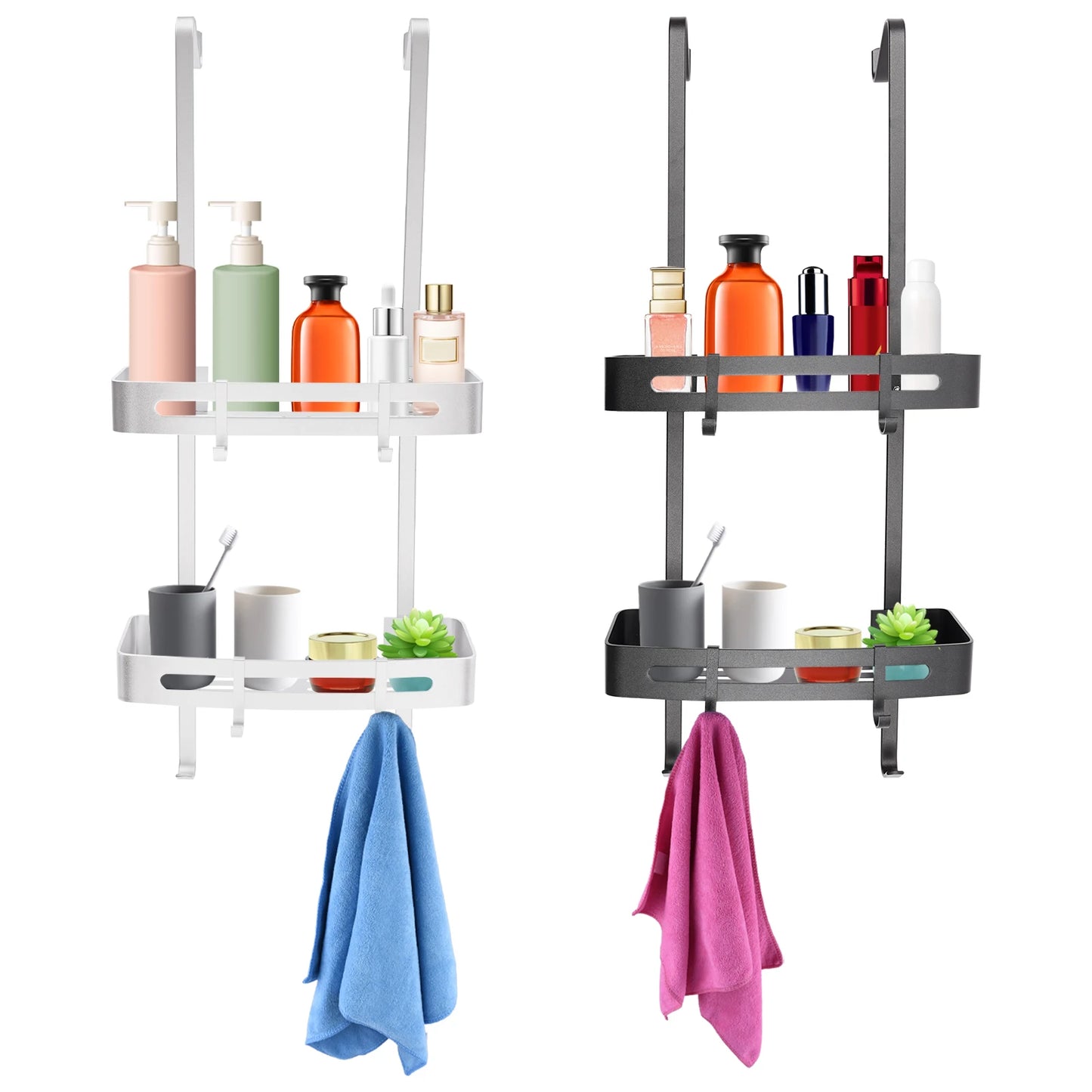 Modernes 2-stufiges Badezimmerregal in Silber/Schwarz, an der Tür montiertes Lagerregal, geeignet für Badezimmer, Küche, Wohnzimmer, Balkon