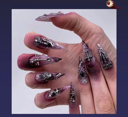 Halloween Cool Spice Style Spider Skull False Nails Purple Halo Dyeing Detachable Finished Fake Nails Press on Nail with Glue.