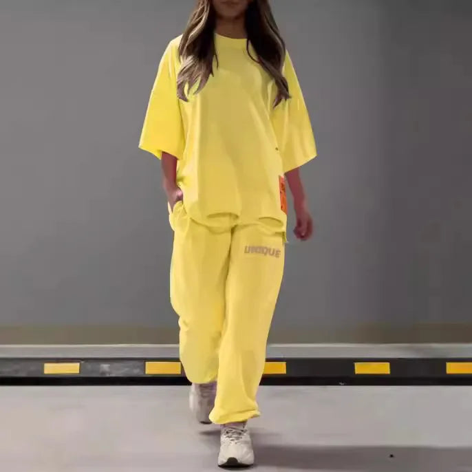 Summer New Fashion Hollowed Out O Neck T Shirt Women's 2 Piece Set Solid Color Casual Relaxed Tracksuit Pants Pocket Female Suit.