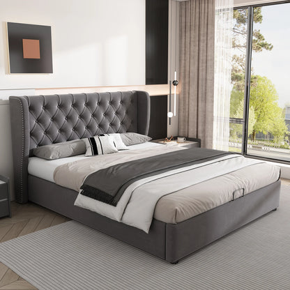 Fangange gepolstertes ohrenförmiges Bett, komplettes/Queensize-/King-/Doppelbett, hydraulisches Funktionsbett mit Lattenrost und Stauraum, Samt