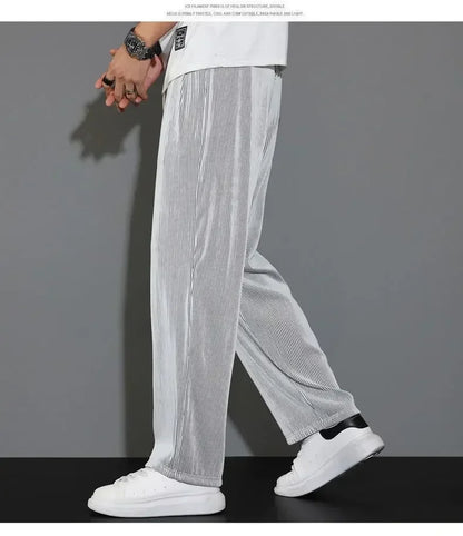 Summer Loose Ice Silk Pants Men's Drape 100KG Size Long Pants Fat Casual Sports Pants Wide Leg Straight Pants Tide Brand