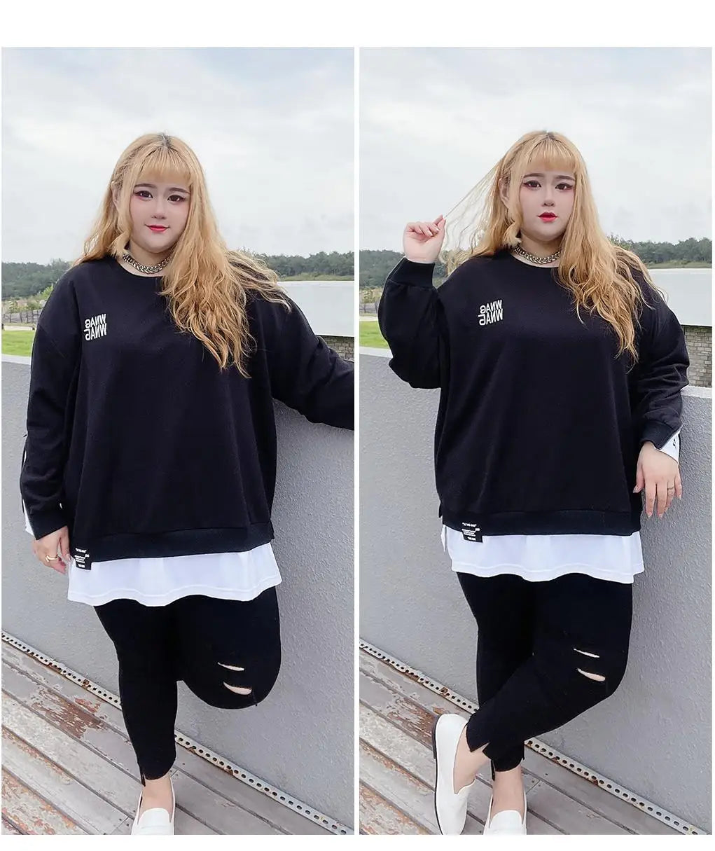 Frühling Herbst Neue Koreanische Mode Zwei Gefälschte Stücke Plus Größe Sweatshirt Frauen Brief Patchwork Casual Dame Tops Übergroße Kleidung.