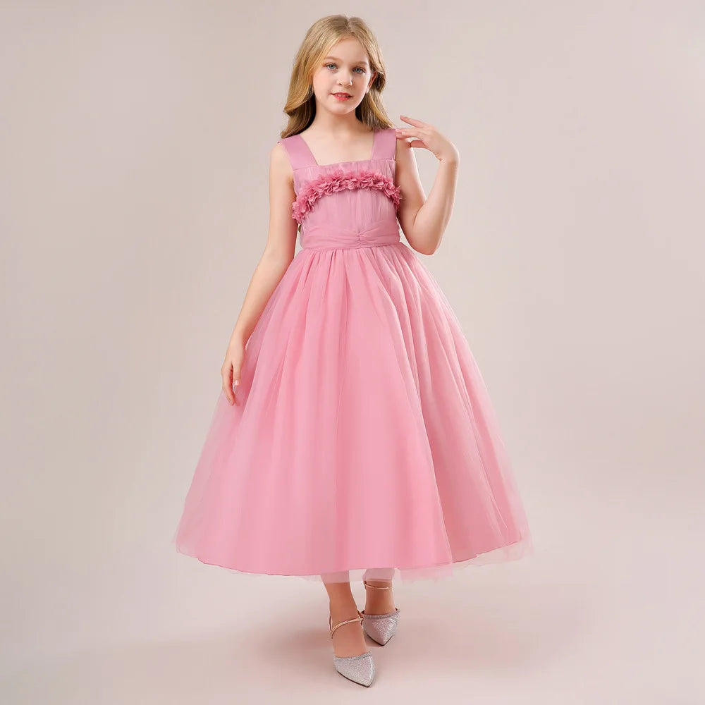 Mädchen Partykleider Weiß Langes Hochzeit Brautjungfer Prinzessin Kleid Abend Tüllkleid Abschlussball Klavier Performance Kleid.