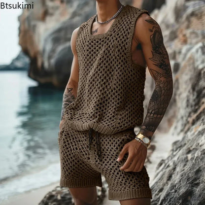 2025 Men's Summer Casual Knit Two-piece Sets Fashion Solid Loose Tank Tops and Shorts Beach Sport Suit Men Hollow Out Streetwear.
