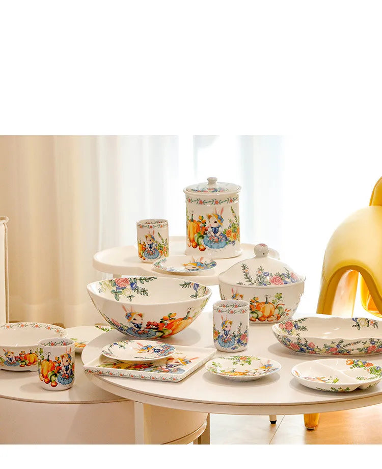 Creative Pumpkin Rabbit Pattern Tableware Garden Style Ceramic Plate Home Cute Dinner Plate Salad Bowl Kitchen Accessories.