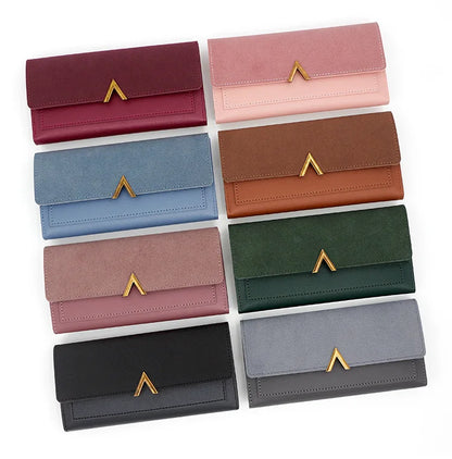 New Korean version women's wallet long V-shaped buckle three fold wallet for women, hand-held bag, change card bag