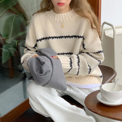 Herbst Winter Gestreiften Pullover Pullover Frauen Gestrickte Shirts Lange Hülse Lose Mock Neck Outwear Casual Pullover Tops Strickwaren