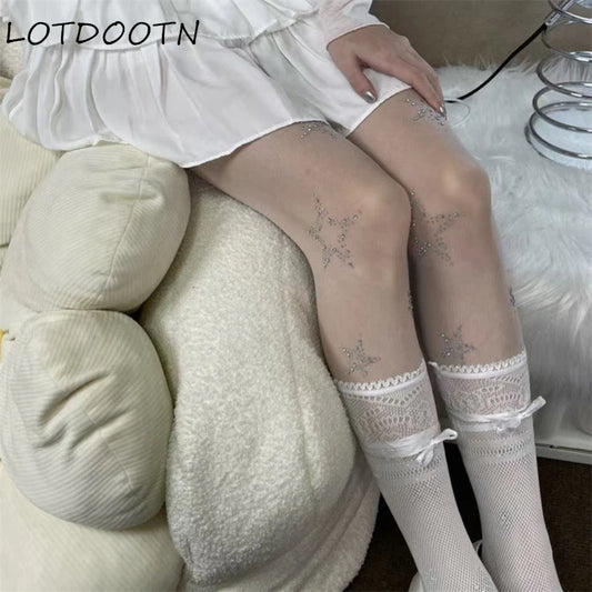LOTDOOTN Y2K Tights Silver Star Print Pantyhose Women Girl Japanese Mesh Transparent Pantyhose Bow Star Tights Stockings Lolita.