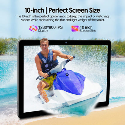 New BAKEN 10-inch Android 15 tablet with 64GB storage, keyboard, leather case, SIM card slot, stylus, mouse, and dual speakers.