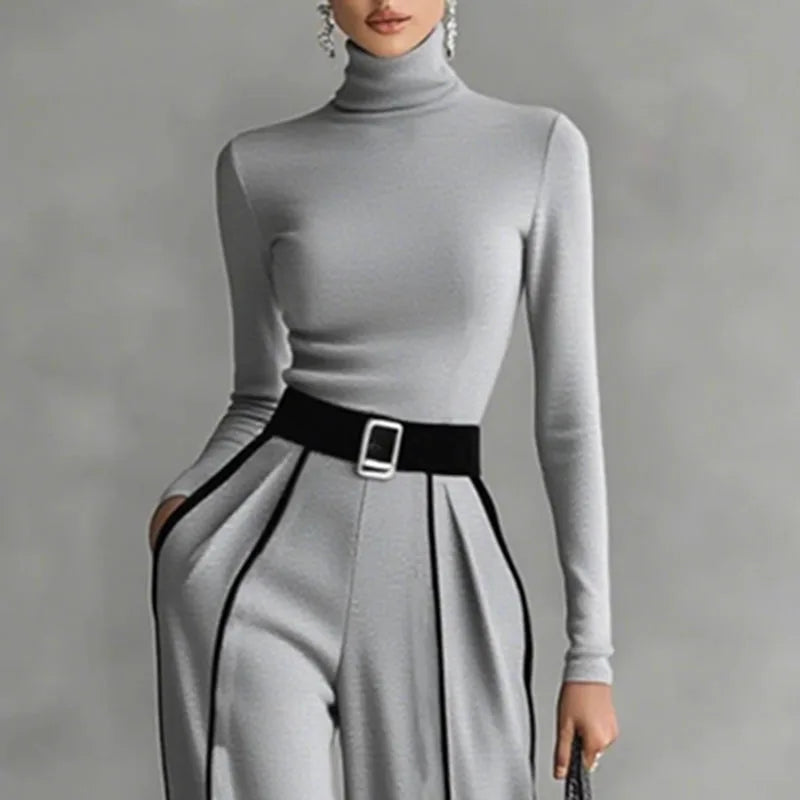 Retro Turtleneck Bottoming Shirt Top+Wide-leg Trousers Suit Woman Elegant Contrast Color 2 Piece Sets Long Sleeve Autumn Outfits.