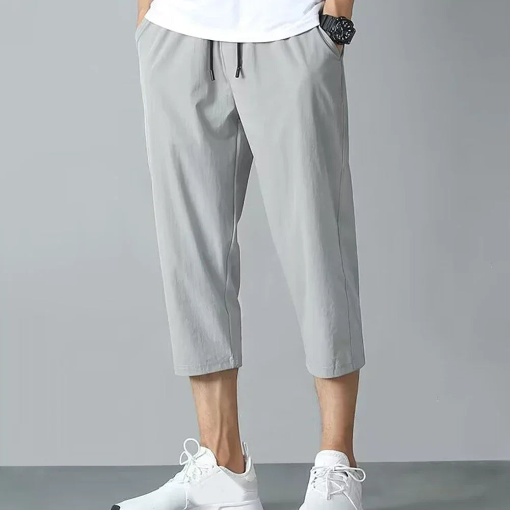 2025 New Summer Men's Ice Silk Pants Hong Kong Style Trendy Loose-Fit Straight-Leg Cropped Pants Korean Version Casual Pants.