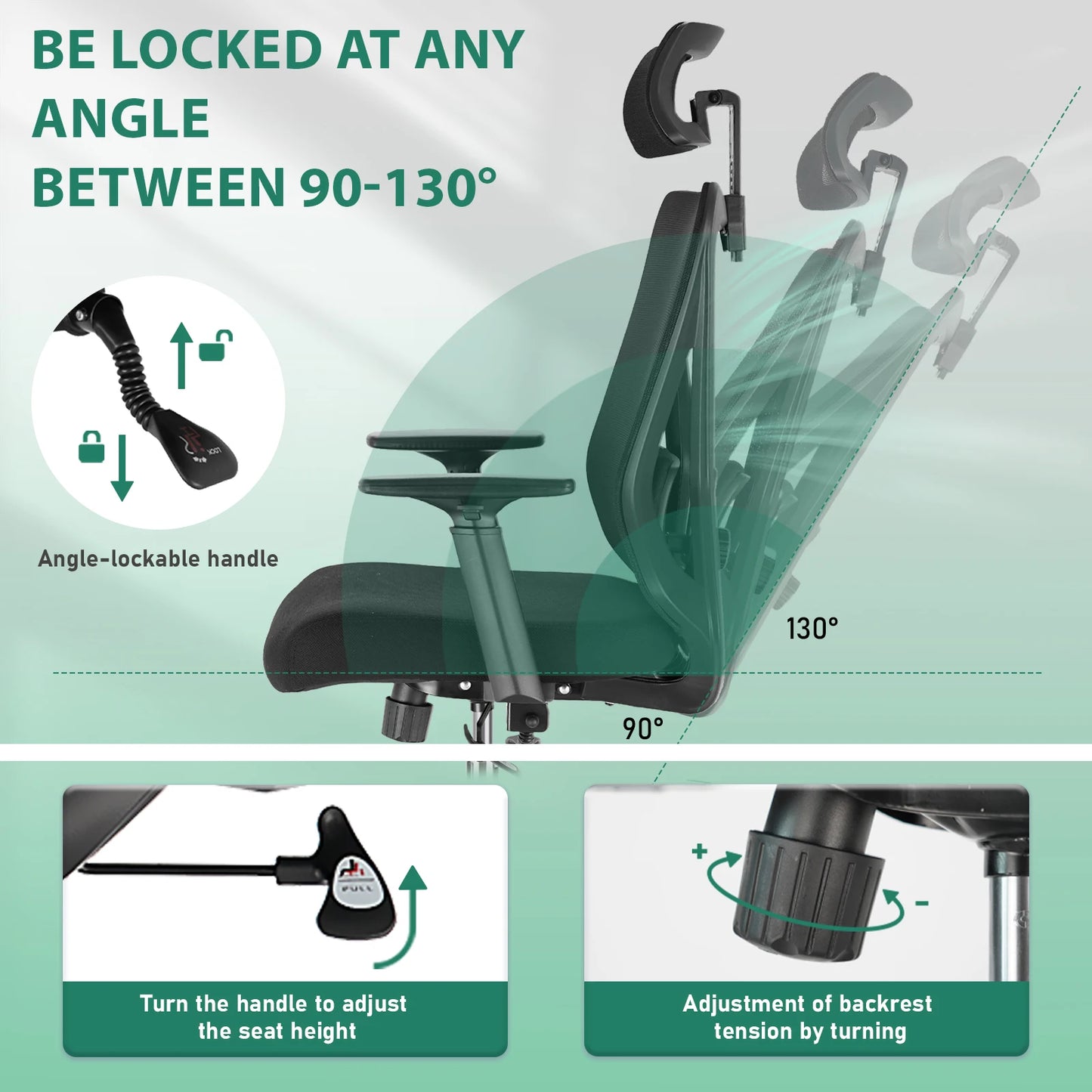 Durrafy Ergonomischer Bürostuhl, Schreibtischstuhl mit Kopfstütze, Armlehnen, Drehstühle mit 90er ° -130 °   Liegefunktion (abschließbar)