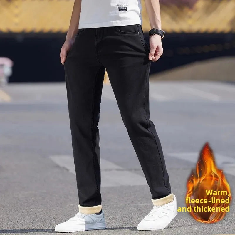 Men's Black Straight Leg Jeans Casual Elastic Business Pants High Waist Slim Fit Long Trousers New 2025 Gray Color.