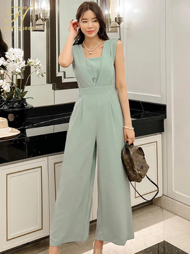 H Han Queen Summer Elegant Business Jumpsuits Women Simple Wide Leg Long Playsuits Korean Sleeveless Casual Rompers Office Lady.