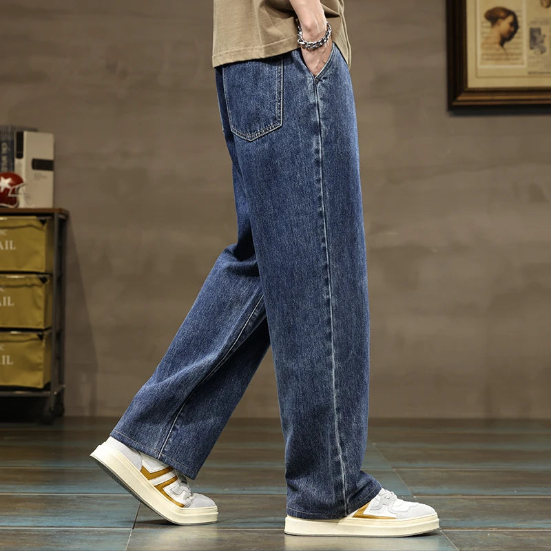 Men Straight Leg Blue Gray Loose Y2K Drawstring Jeans Streetwear Casual Wide Denim Pants Male Baggy Stylish Harajuku Trousers.
