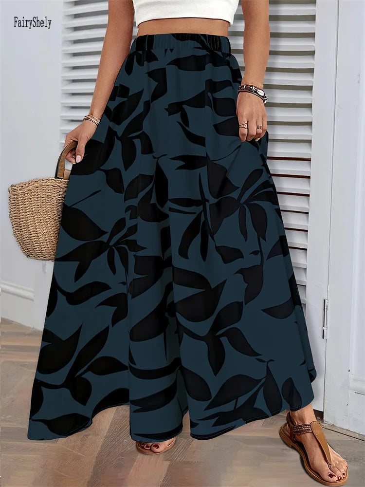 Fairyshely Casual Leaf Print Long Skirt For Women 2025 Summer Ruffle High Waist Maxi Skirt Ladies Elegant A line Pleated Skirt.