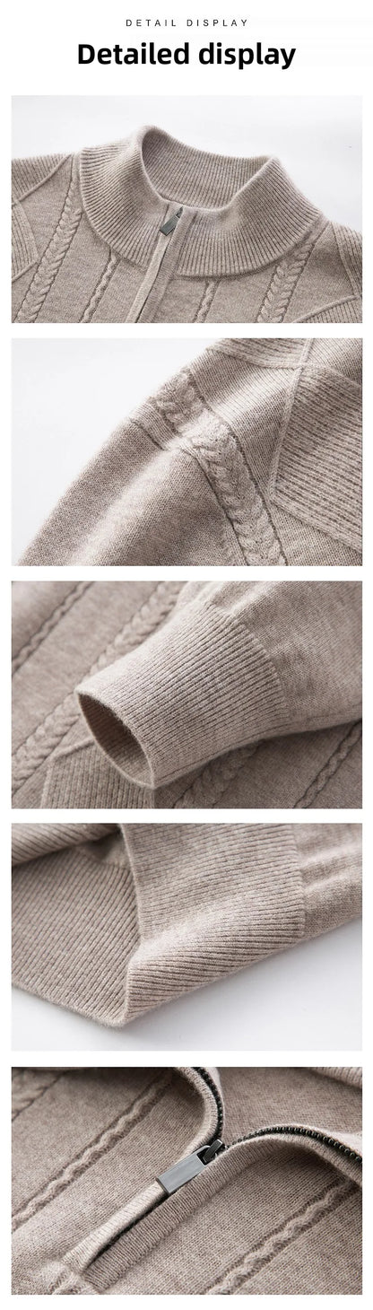 High End 100% Australia Wool Cashmere New Autum Winter Fashion Brand Casual Zip Up Men Pullover Knit Half Turtleneck Sweater.