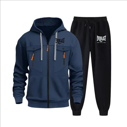 Autumn and winter new men's sweatshirt sport set, fashionable windproof and warm men's zipper hoodie and pants 2-piece set.