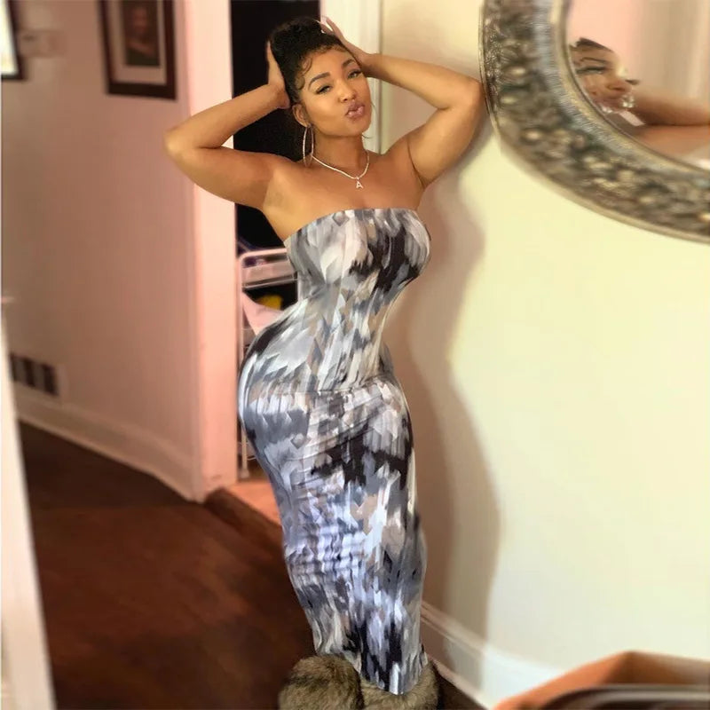 Sommer Lange Kleider Für Frauen Bodycon Brust Wrap Print Off Schulter Verband Schlank Sexy Kleid 2024 Neue Mode Party Vestidos
