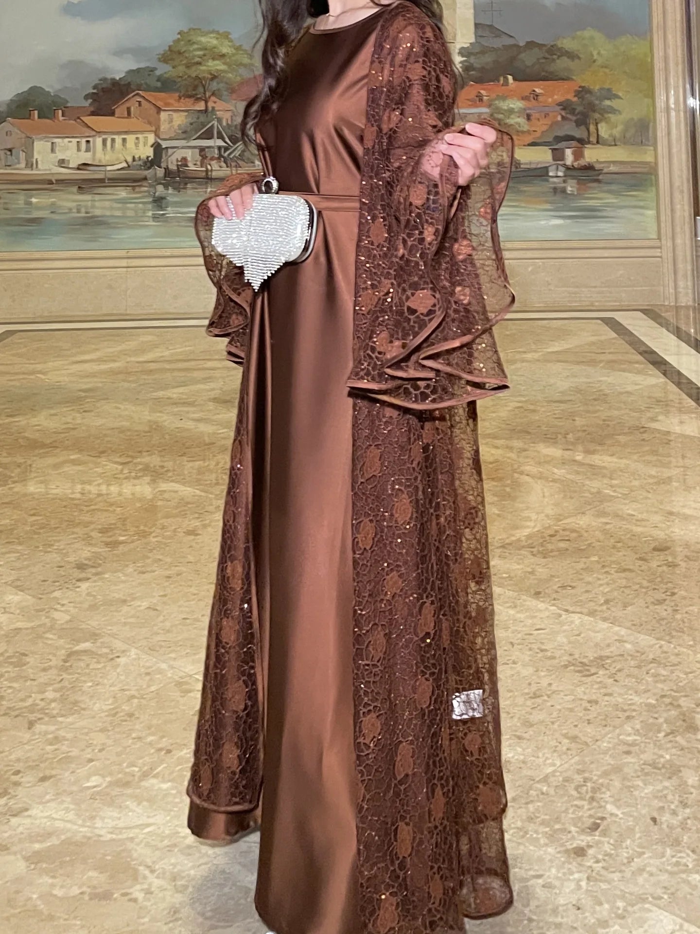 Muslim Women Abaya Dress 2 Piece Set Flare Sleeve Lace Sequin Satin Morocco Caftan Dress Musulman Ensembles Cadigan Outfit Suits.