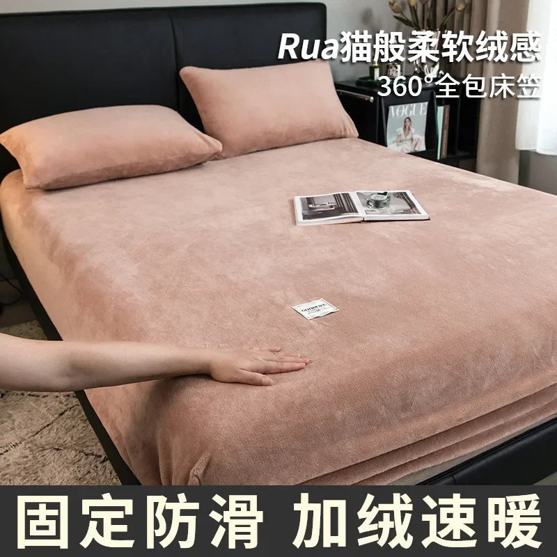 Warm Plush Fitted Sheet Elastic Mattress Cover Fluffy Velvet Fleece Bed Linen Couple Thermal Double Bed Not Included Pillowcase